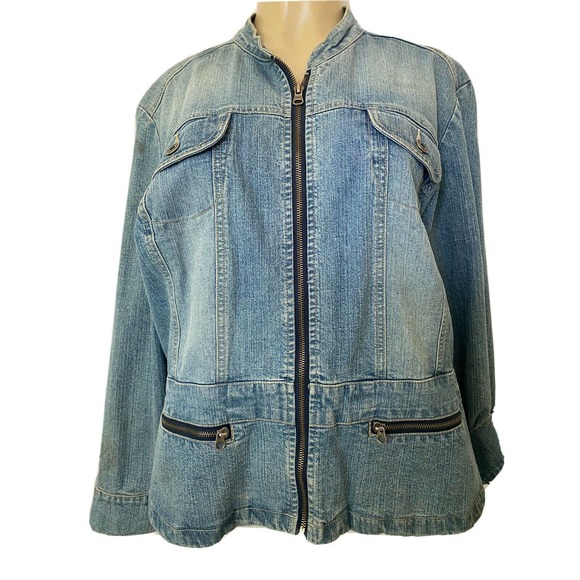 Gloria Vanderbilt Jean Denim Jacket Zip Stretch Light Blue Pocket Long S… - Picture 1 of 5